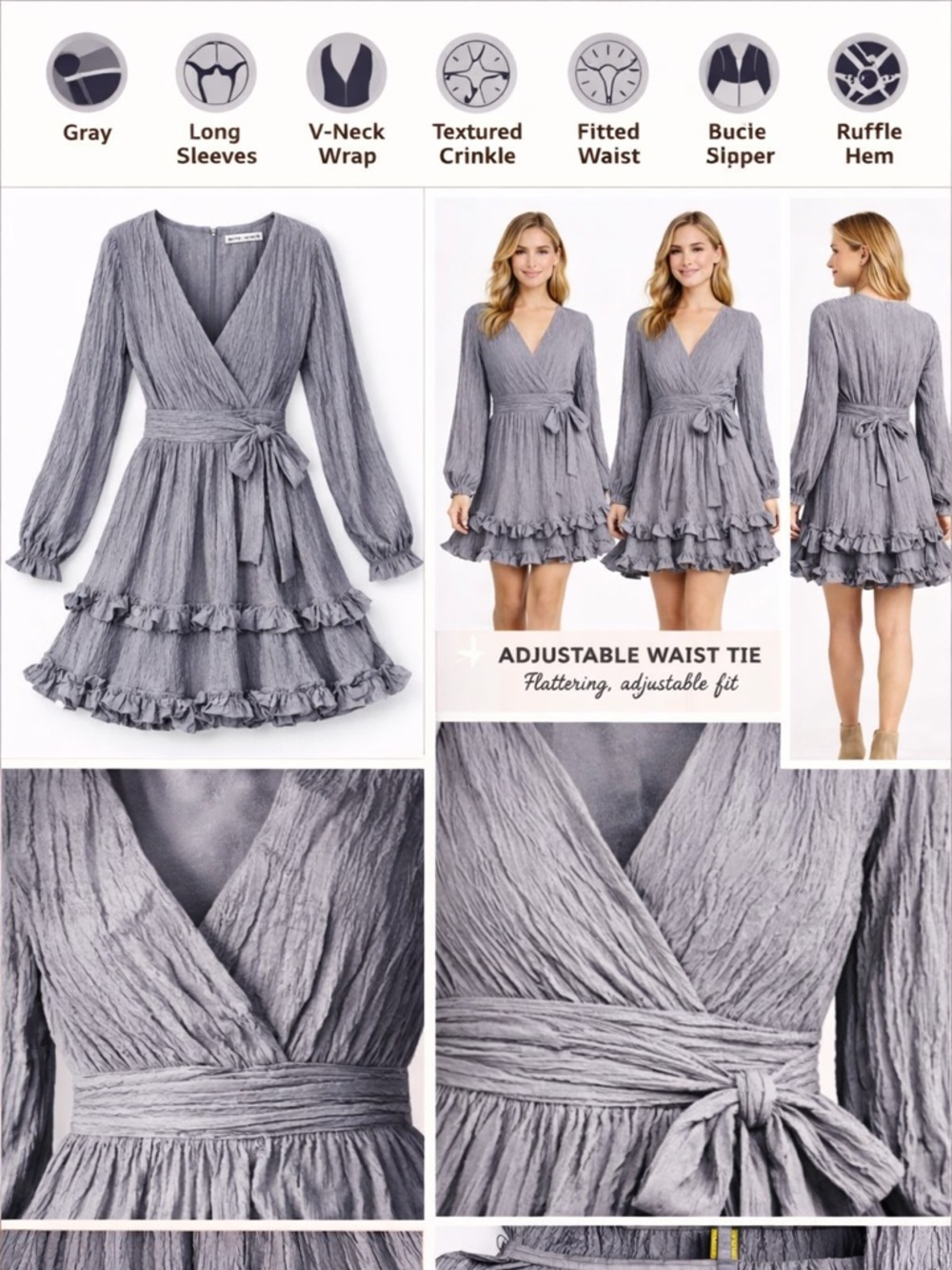 Saints + Secrets Gray Ruffle Mini Dress Small Boho V Neck Tie Waist - Picture 5 of 10